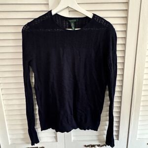 LAUREN RALPH LAUREN NAVY POINTELLE PREPPY‎ LIGHTWEIGHT LONG SLEEVE SZ M